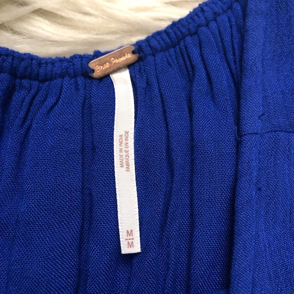 Free People Oxford Babydoll Embroidered Bell Sleeves Cobalt Blue Swing Dress M